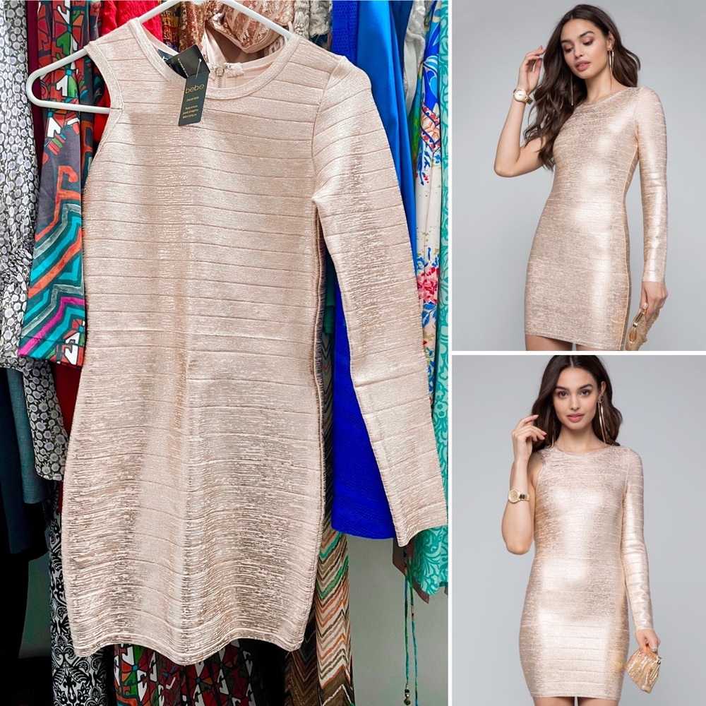NWOT Rose gold Bebe Electra bandage dress, size small